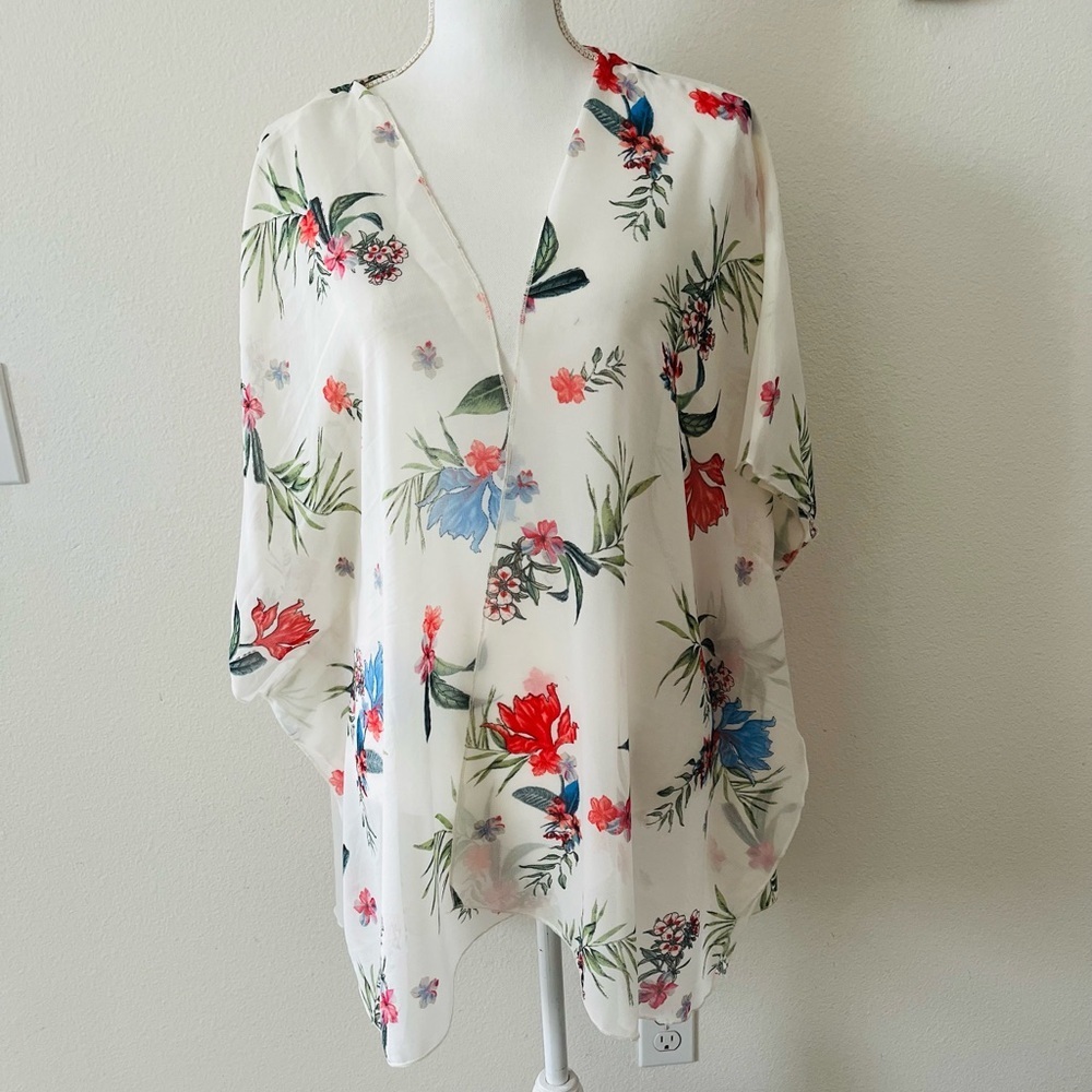 Live 4 Truth Floral V-Neck Blouse - Red, Blue, Green on White